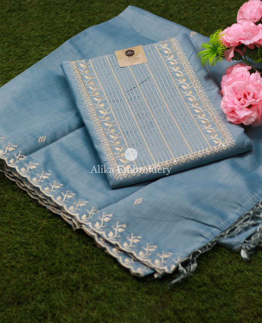 Light Blue Salwar Set with Cream Embroidery and Sequence Work, Paired with Blue Dupatta