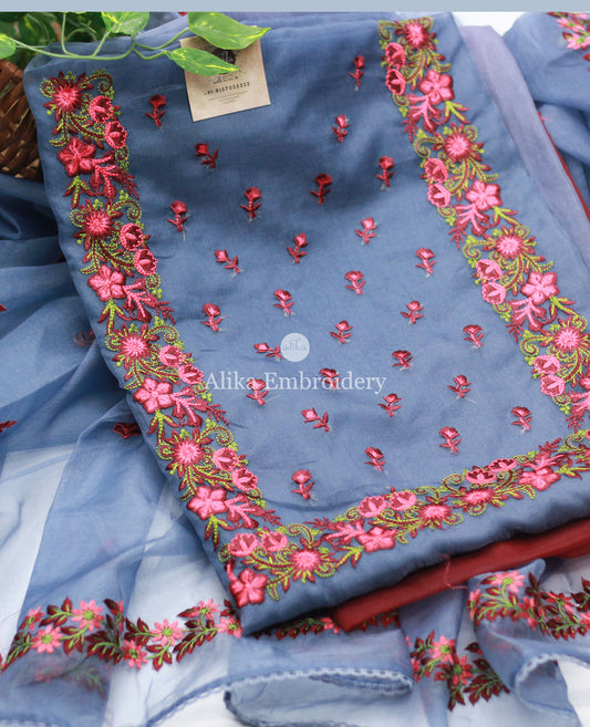 Bluish Grey and Maroon Shaded Salwar Set with Bright Pink, Green, and Maroon Embroidery on top and dupatta