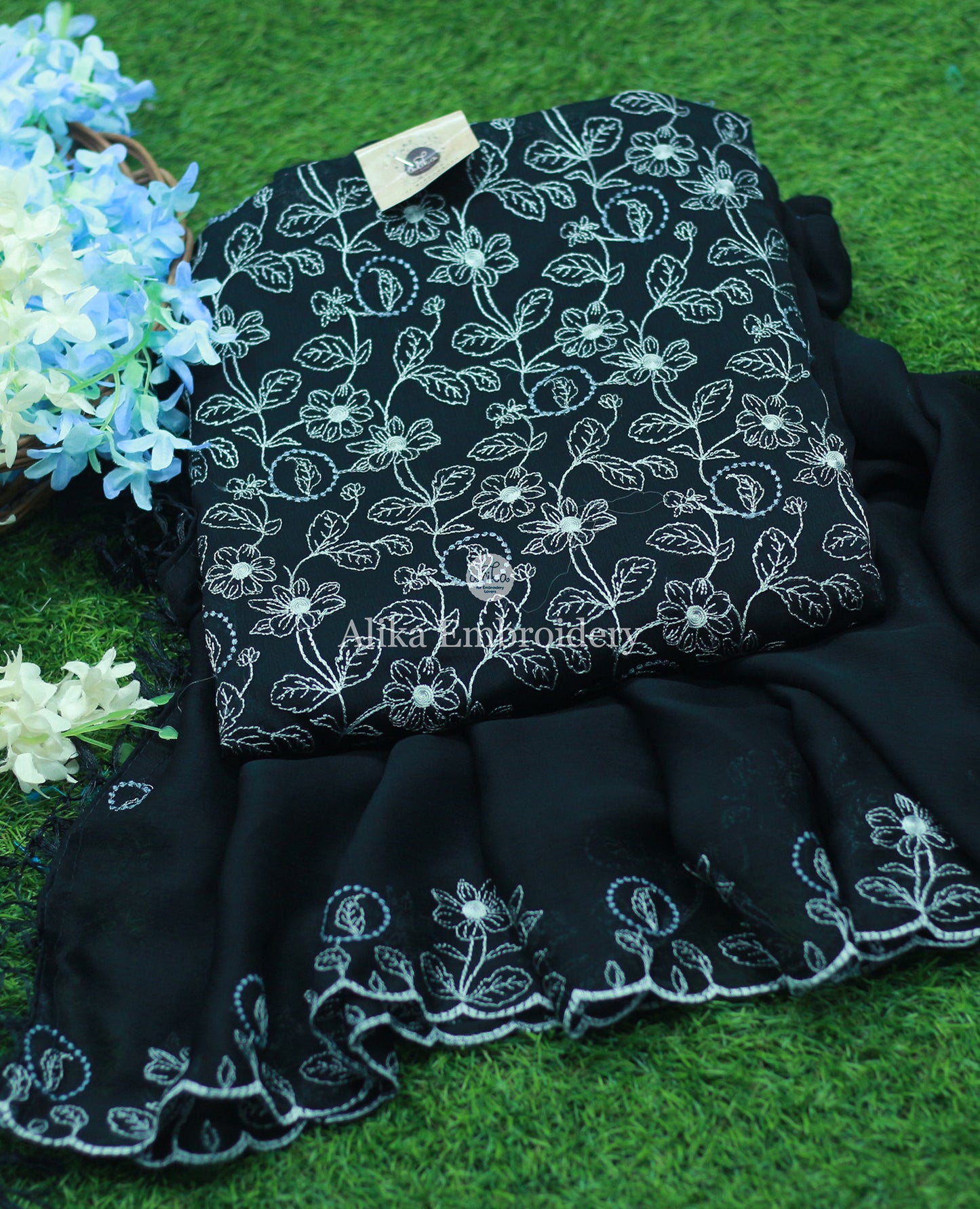Elegant Black Salwar with White Embroidery Work