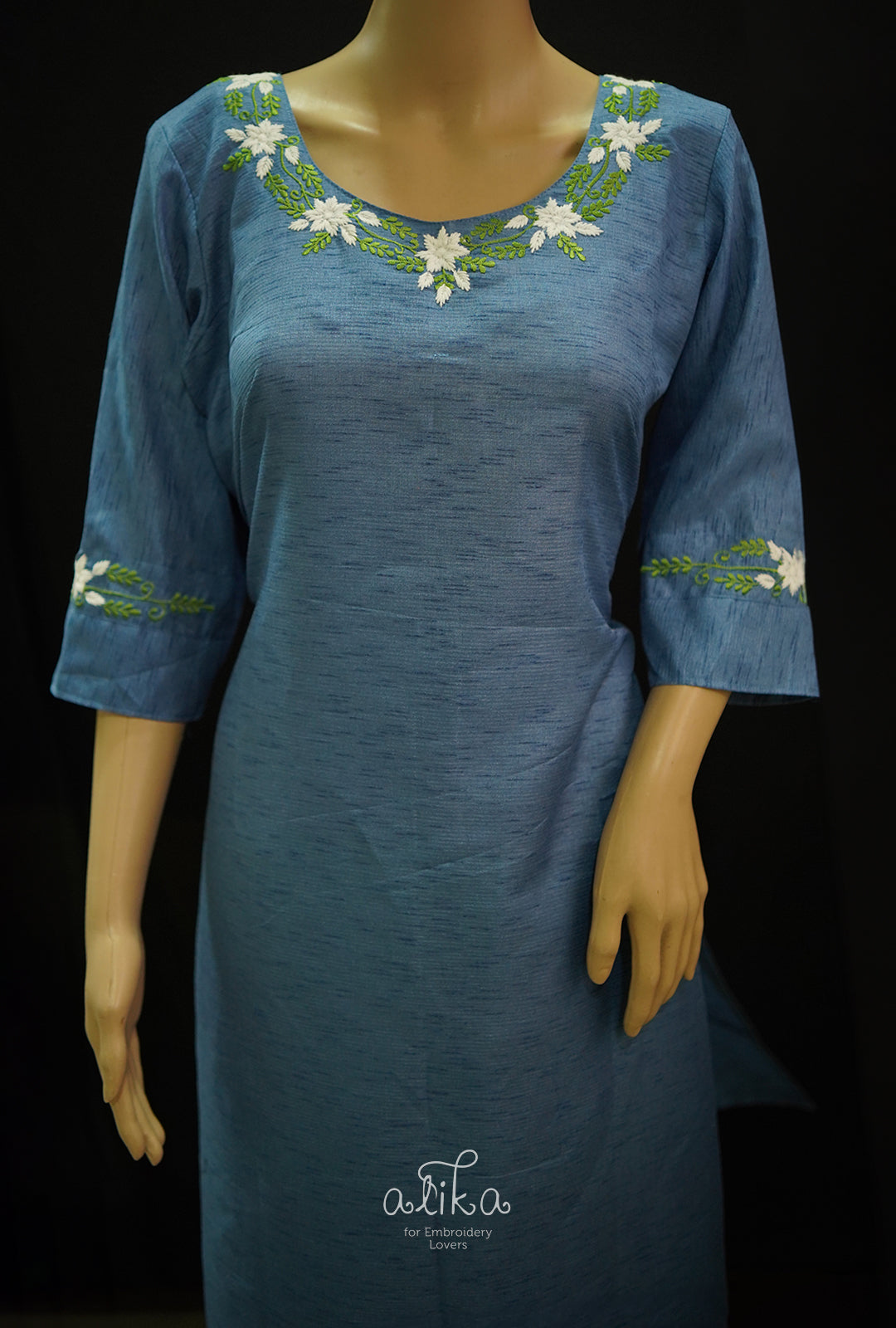 BLUE SEMI RAW SILK STITCHED Top WITH GREEN  AND WHITE MACHINE embroidery