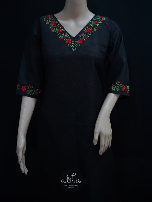 BLACK SEMI RAW SILK STITCHED Top WITH GREEN AND RED MACHINE embroidery