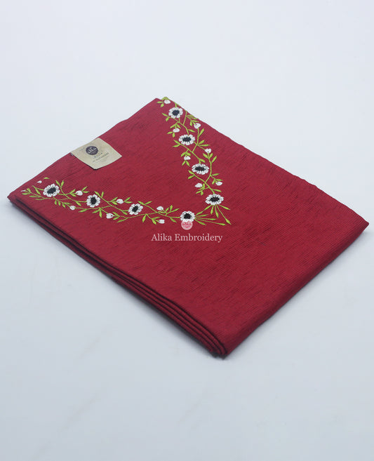Vibrant Red Kurti Material with Blue and  white Floral Embroidery