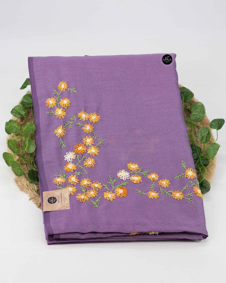 Lilac Semi Soft Silk Saree with Floral Hand Embroidery