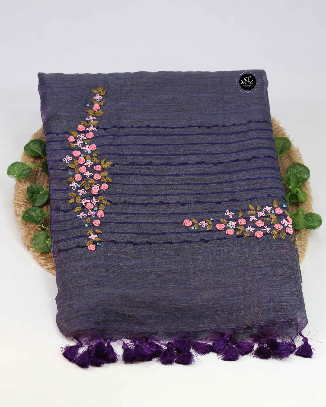 Navy Blue Bamboo Silk Saree with Floral Hand Embroidery