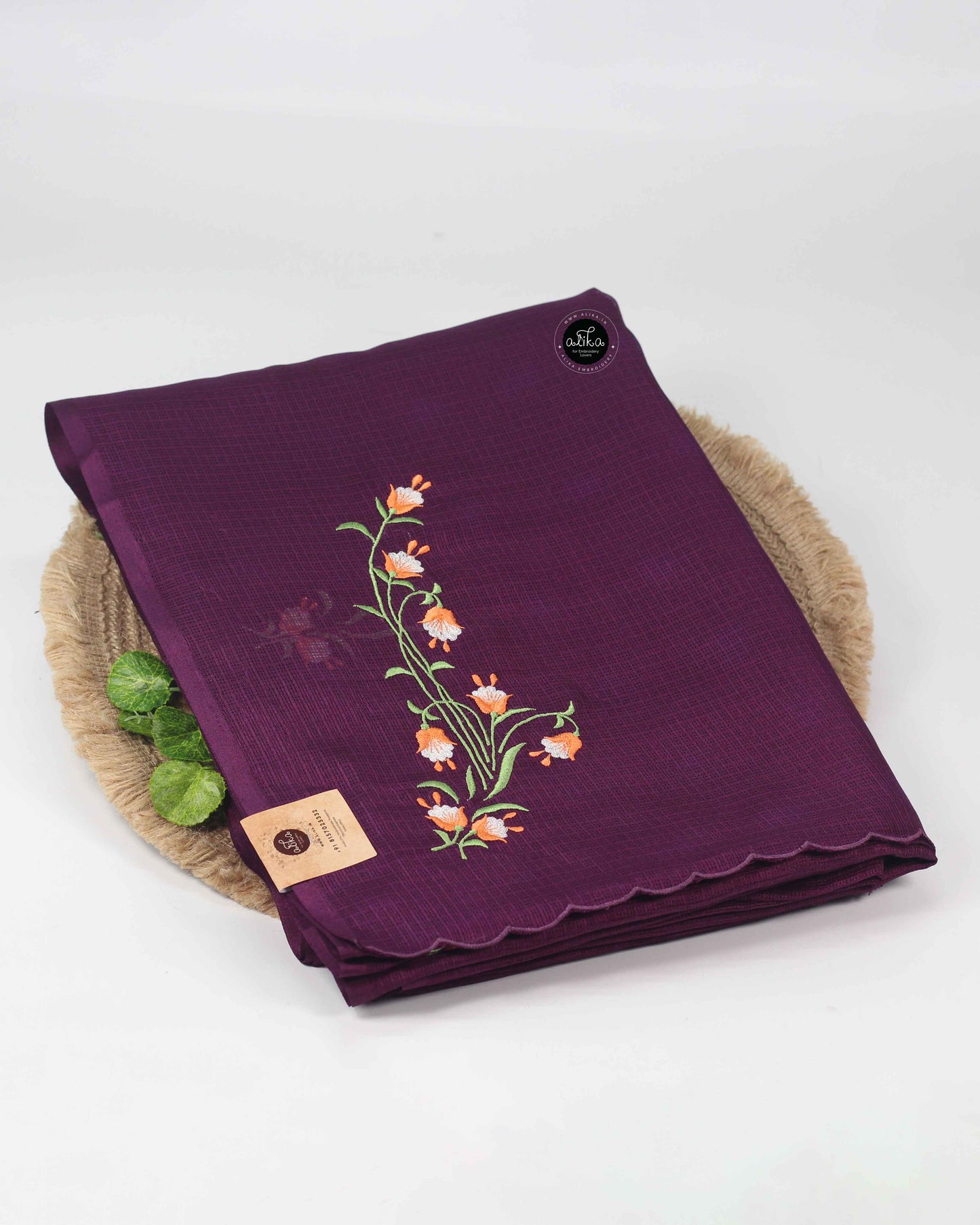 Wine purple Silky Kota Saree with Floral Machine Embroidery