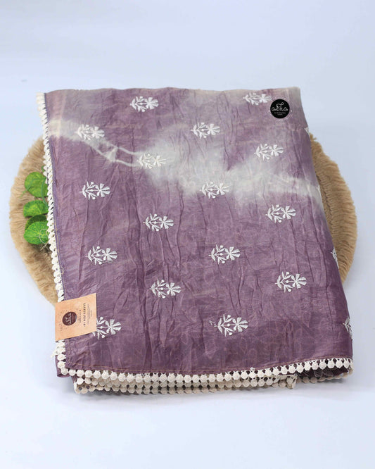 Purple and White Crushed Silk Saree with Floral Machine Embroidery