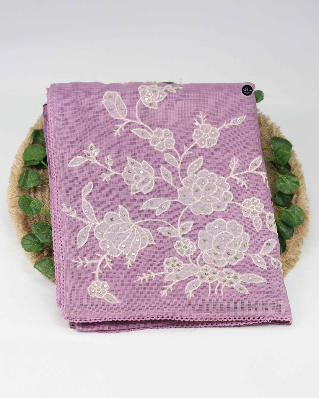 Light Grape Purple Silky Kota Saree with Floral Machine Embroidery &amp; Sequin Work