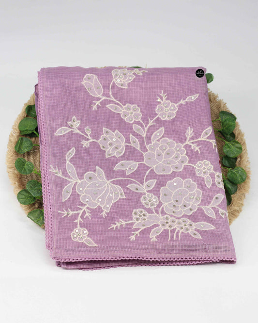 Light Grape Purple Silky Kota Saree with Floral Machine Embroidery & Sequin Work