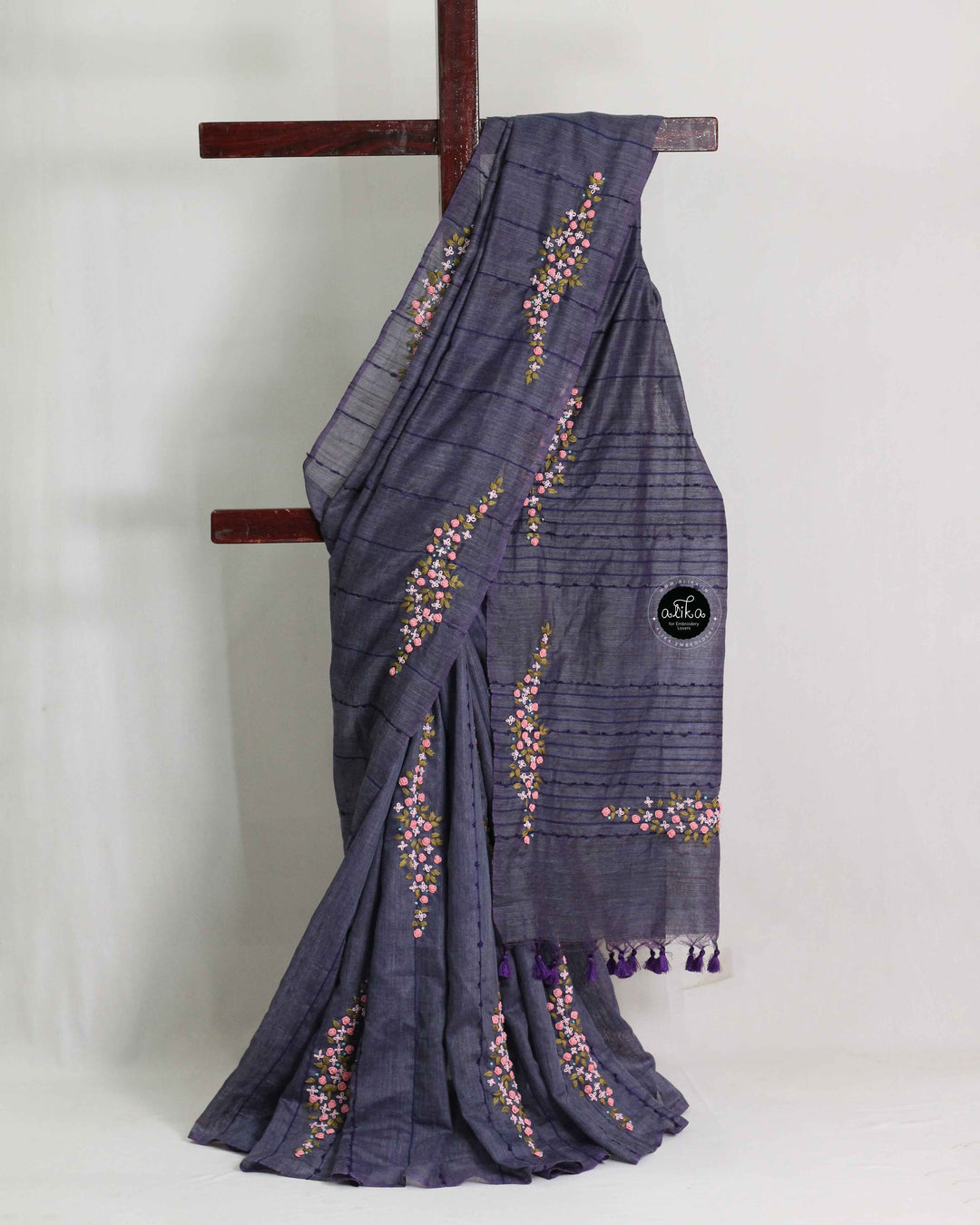 Navy Blue Bamboo Silk Saree with Floral Hand Embroidery