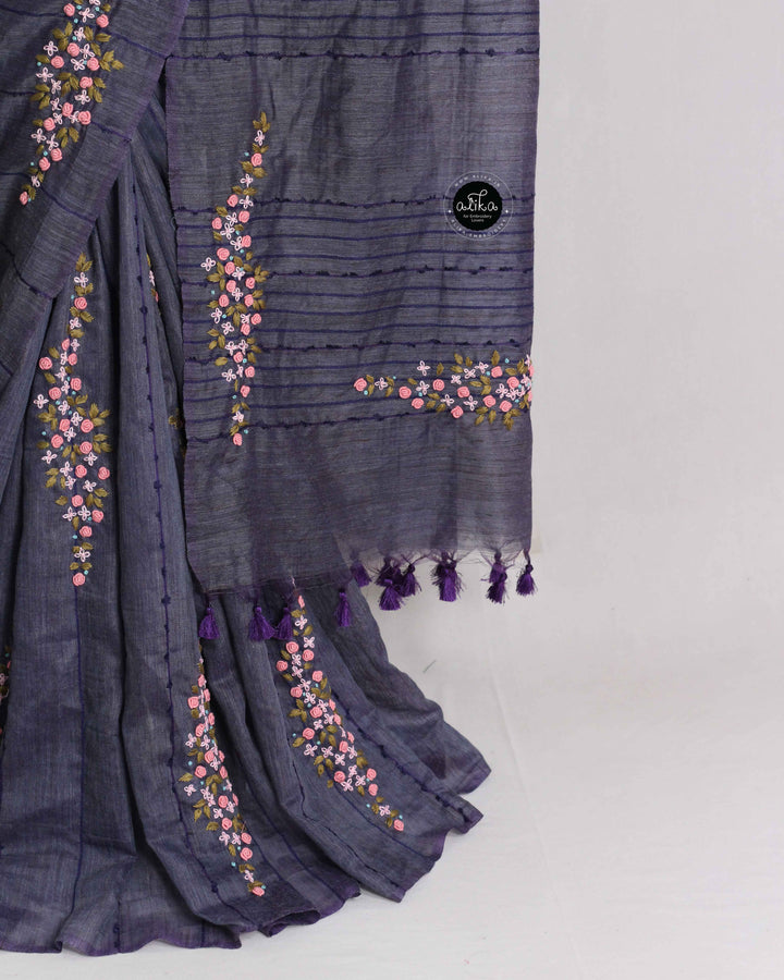 Navy Blue Bamboo Silk Saree with Floral Hand Embroidery