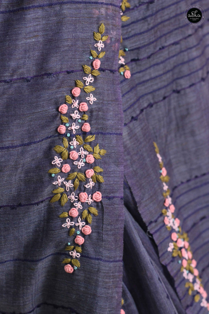 Navy Blue Bamboo Silk Saree with Floral Hand Embroidery