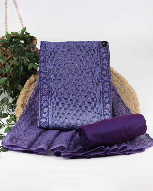 Violet Double-Shaded Printed Unstitched Salwar Set with Centre Crochet Work