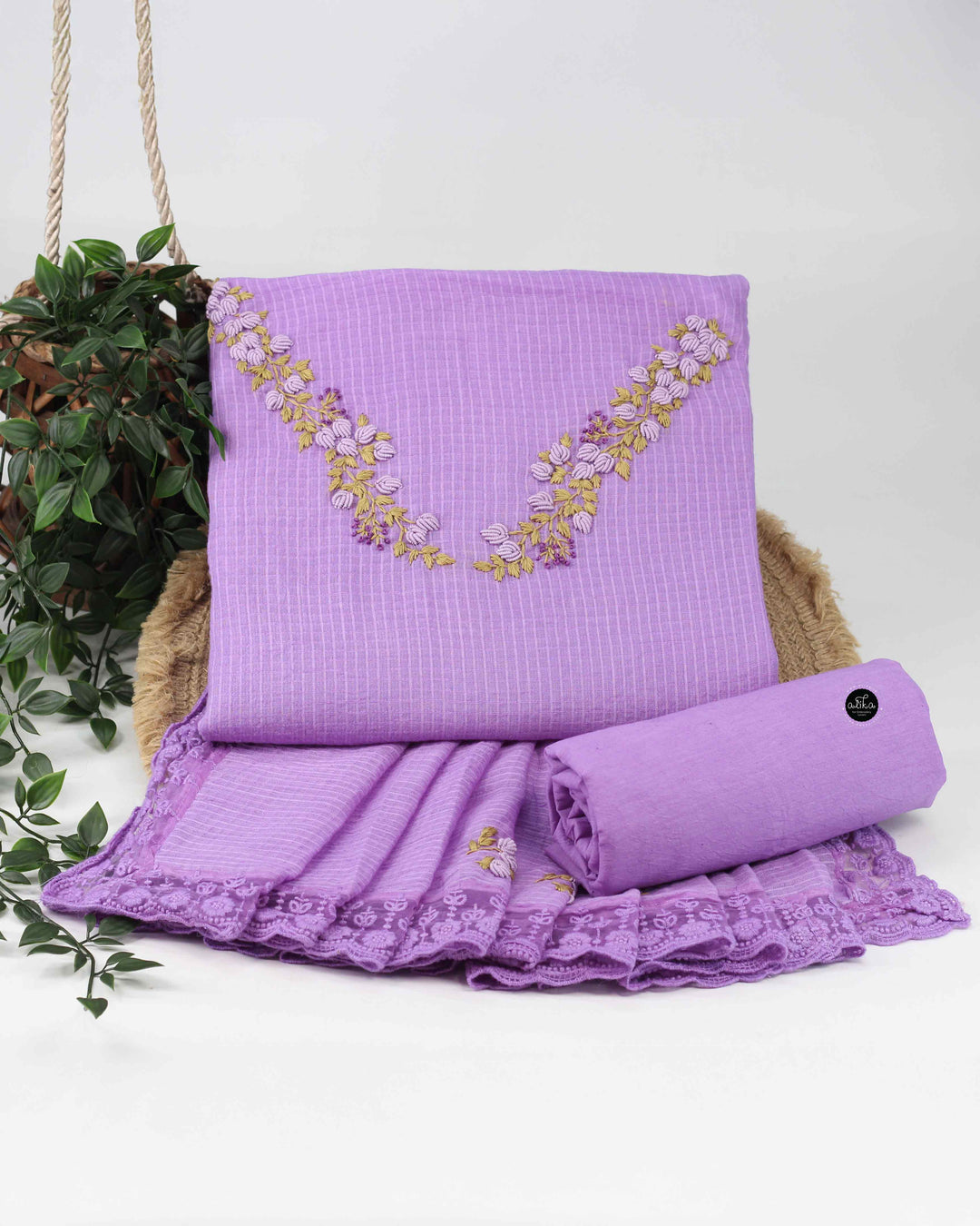 Lavender Pure Cotton Unstitched Salwar Set with Floral Hand Embroidery &amp; Lace