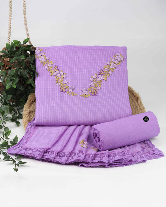 Lavender Pure Cotton Unstitched Salwar Set with Floral Hand Embroidery & Lace Dupatta