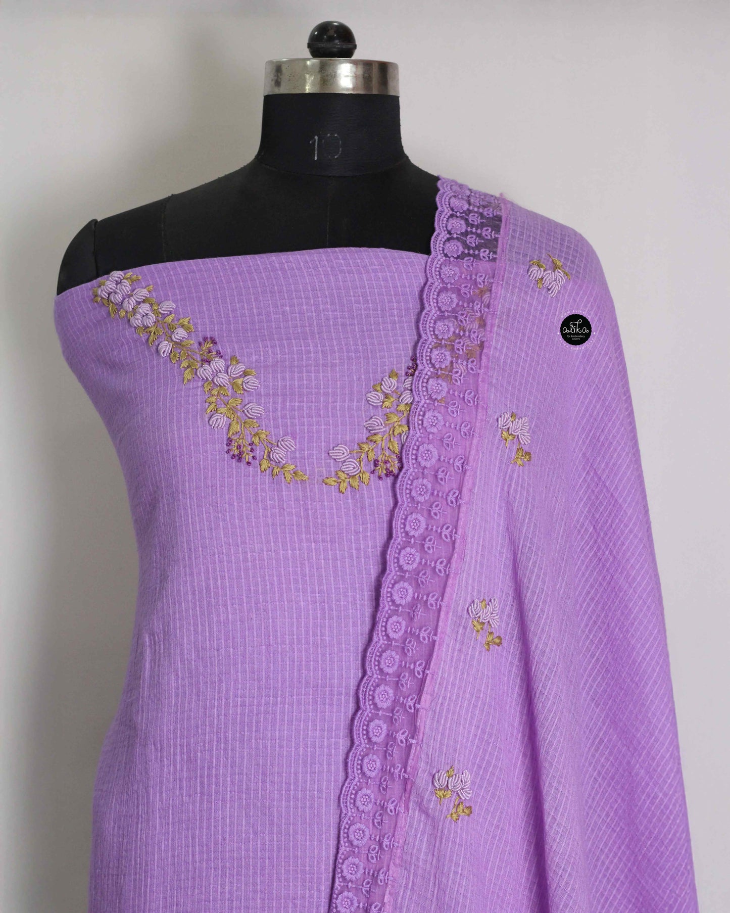 Lavender Pure Cotton Unstitched Salwar Set with Floral Hand Embroidery & Lace Dupatta