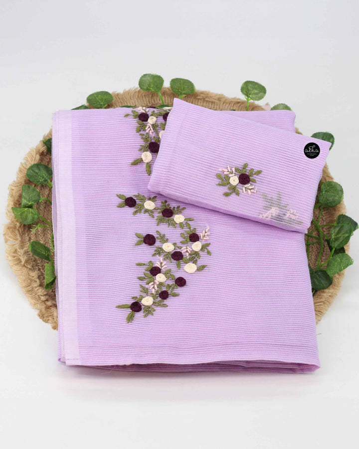 Lavender Kota Saree with Floral Hand Embroidery