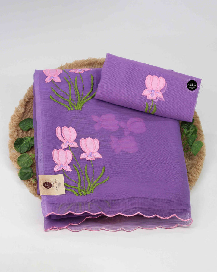 Dark Lavender Kota Saree with Floral Appliqué Work
