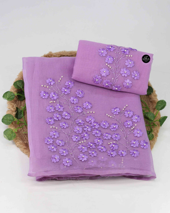 Lavender Kota Saree with Floral Ribbon Work and Bead Work