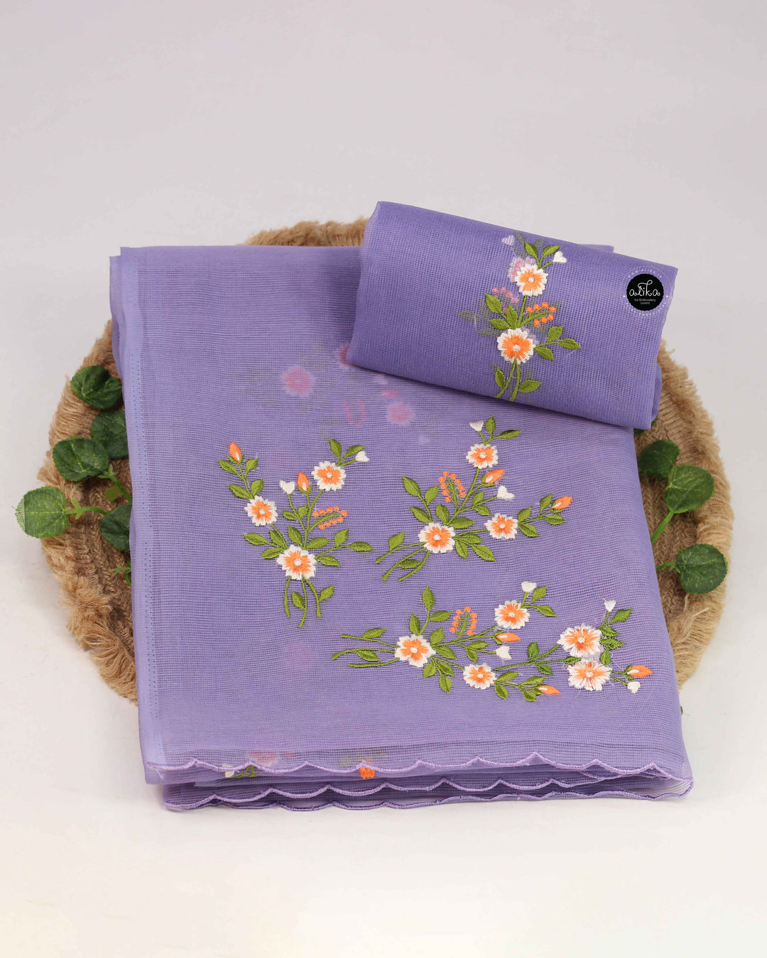 Lavender Kota Saree with Floral Machine Embroidery