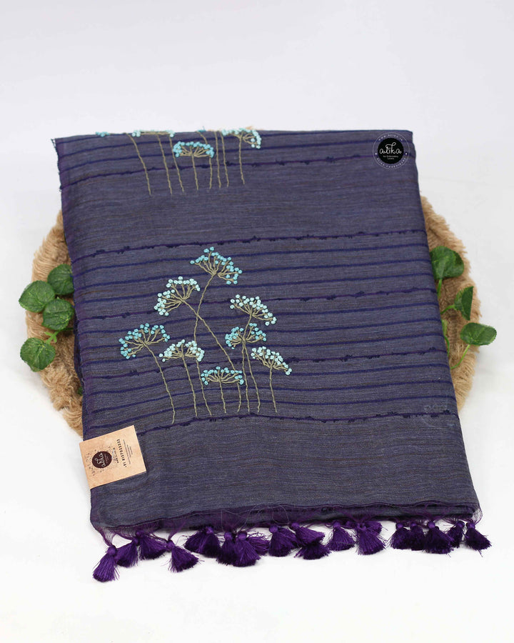 Deep Navy Blue Bamboo Silk Saree with Floral Hand Embroidery