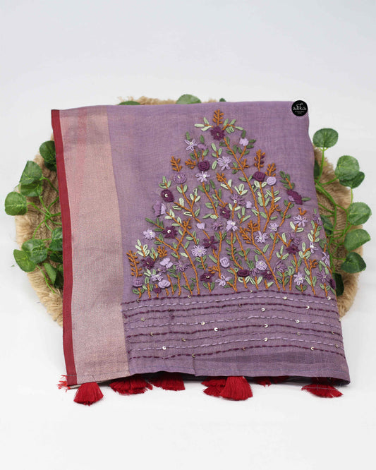 Purple Tissue Linen Saree with Floral Hand Embroidery – Luxury Wear