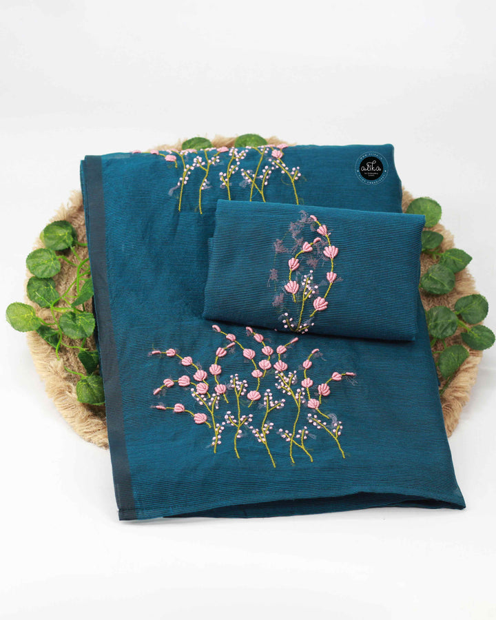 Teal Green Kota Saree with Floral Hand Embroidery