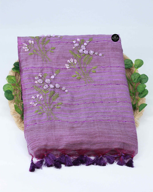 Purple Semi Linen Saree with Floral Hand Embroidery – Elegant Festive Wear