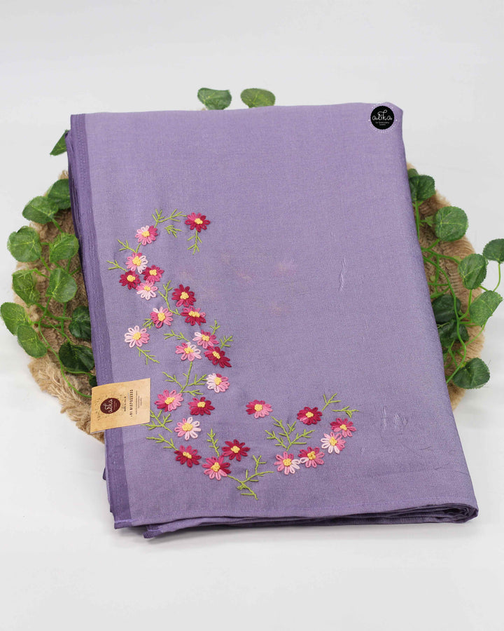 Lilac Soft Semi Silk Saree with Floral Hand Embroidery