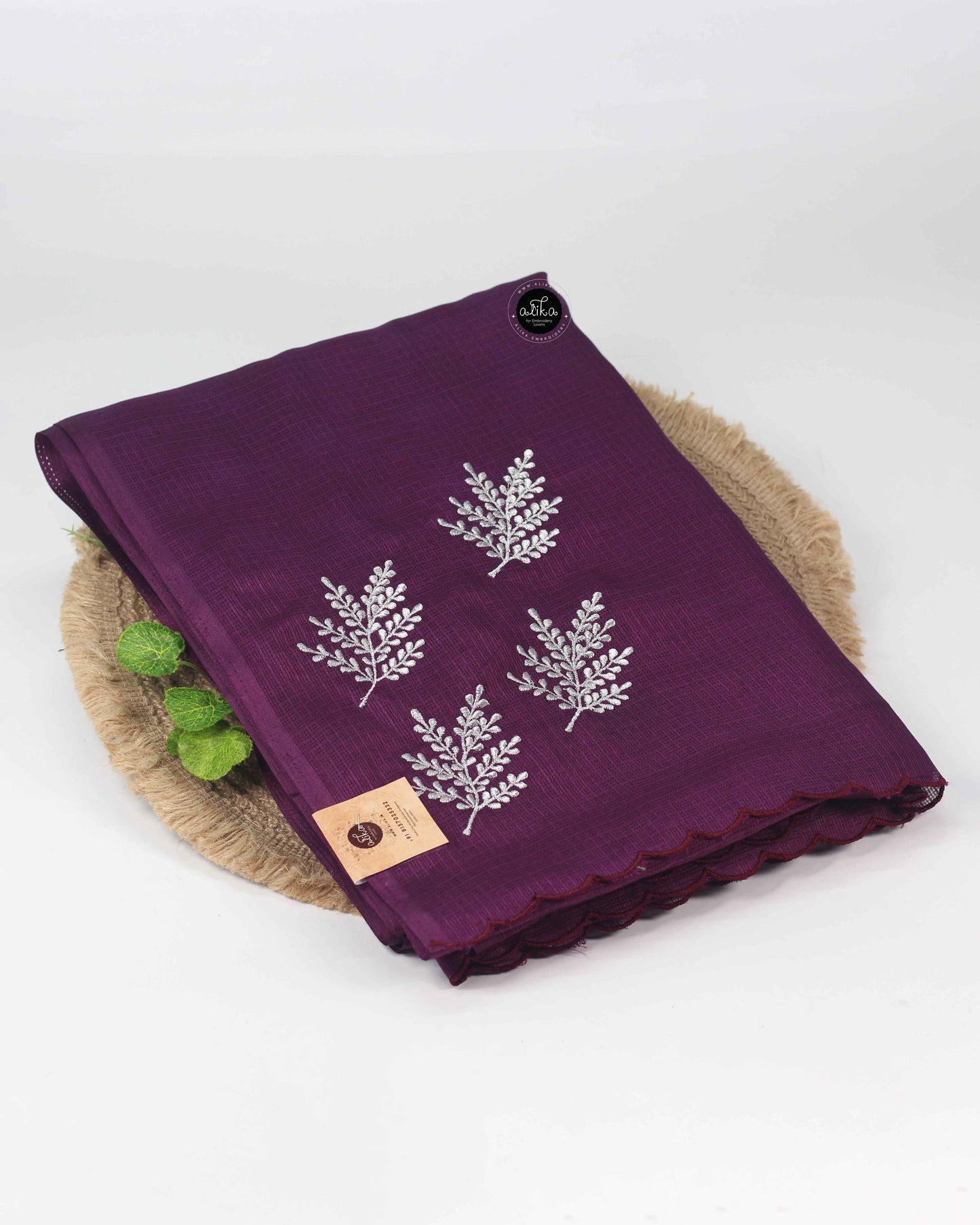 dark purple silky Kota Saree with Floral Machine Embroidery