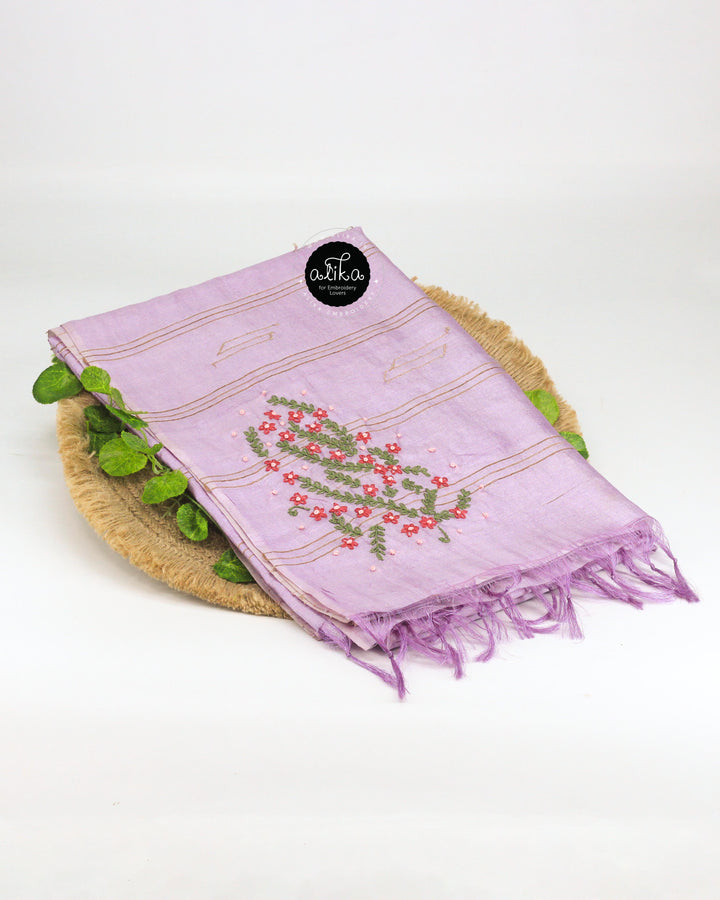 Lavender Tussar Silk Saree with Hand Embroidery and Sequin Work