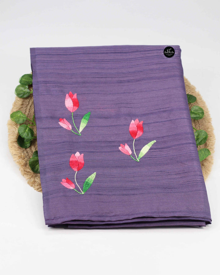 Blue Lilac Semi Silk Saree with Hand Embroidery