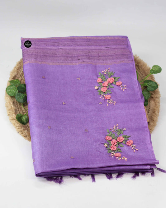 Violet Tussar Silk Saree with Floral Hand Embroidery