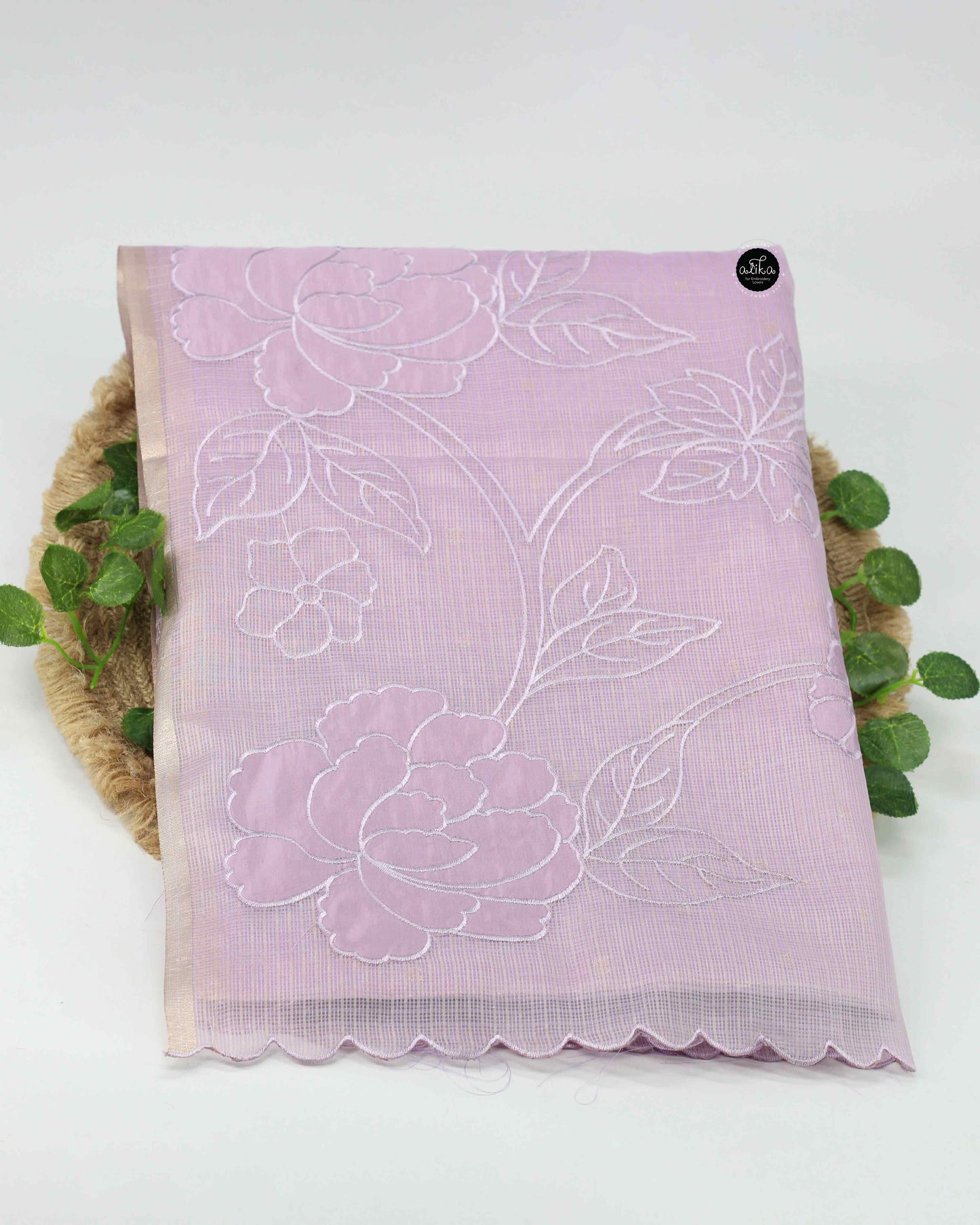 Lavender Silky kota Saree with Floral Appliqué – Luxury Designer Wear