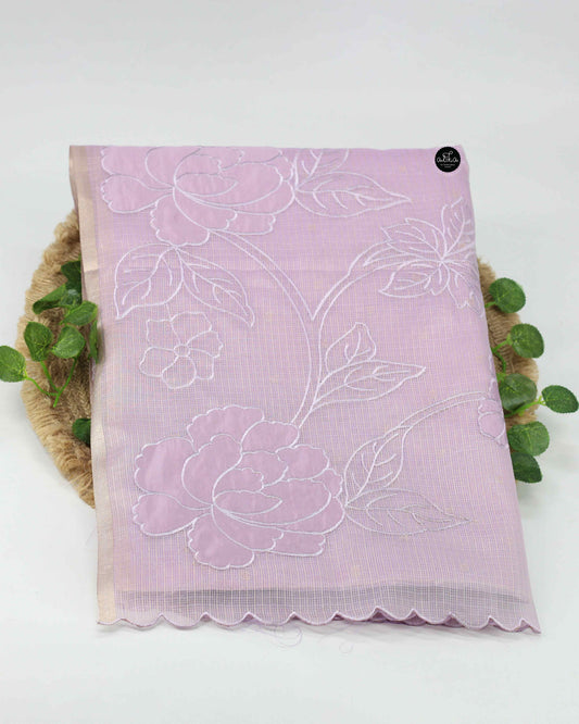 Lavender Silky kota Saree with Floral Appliqué – Luxury Designer Wear