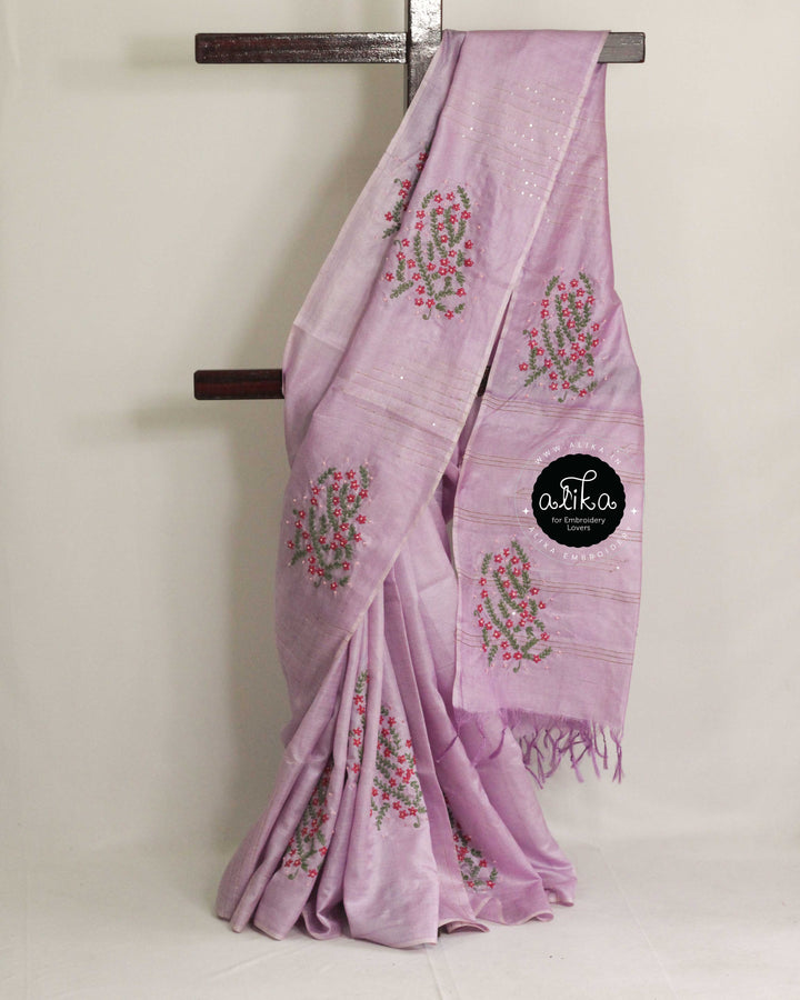 Lavender Tussar Silk Saree with Hand Embroidery and Sequin Work
