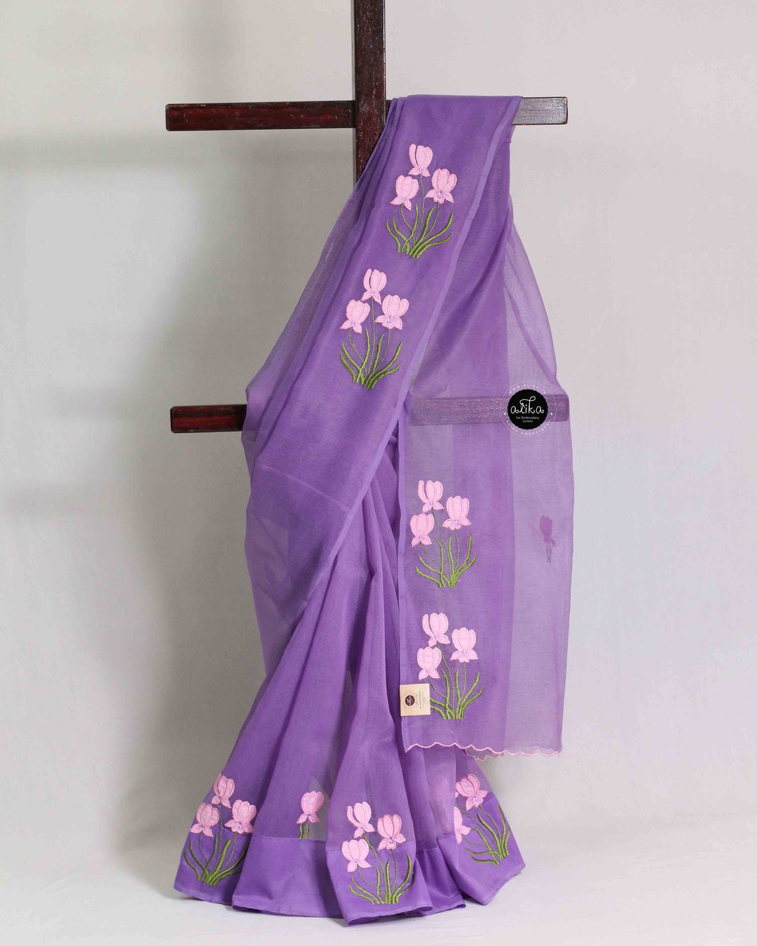 Dark Lavender Kota Saree with Floral Appliqué Work