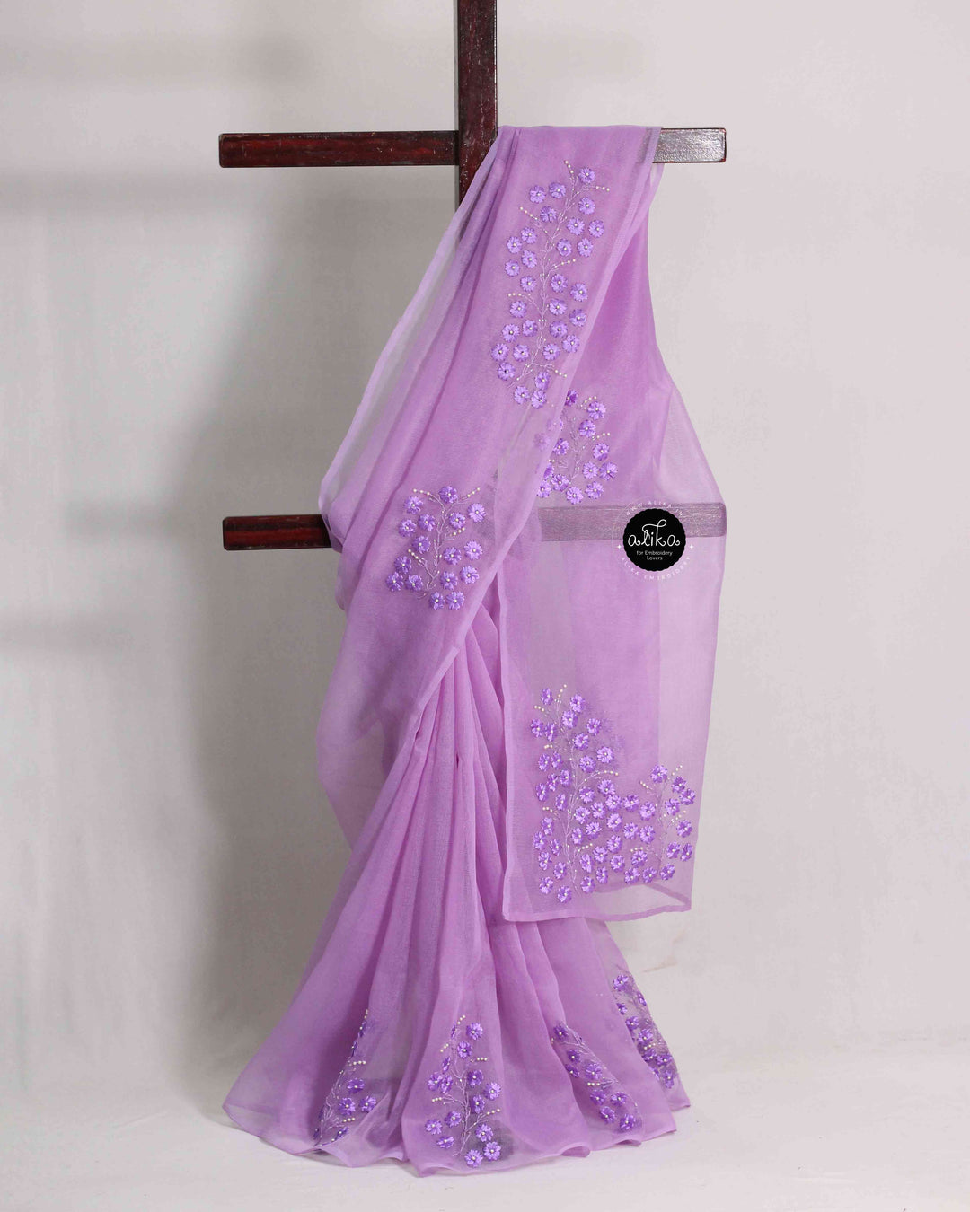 Lavender Kota Saree with Floral Ribbon Work and Bead Work