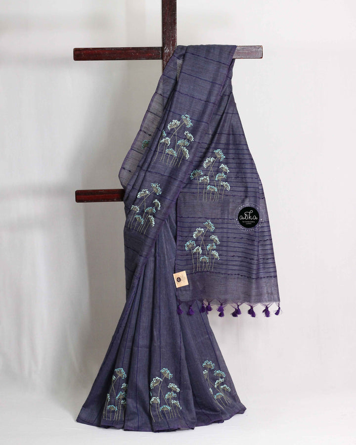 Deep Navy Blue Bamboo Silk Saree with Floral Hand Embroidery