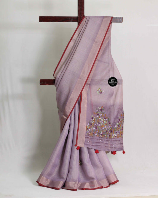 Purple Tissue Linen Saree with Floral Hand Embroidery – Luxury Wear