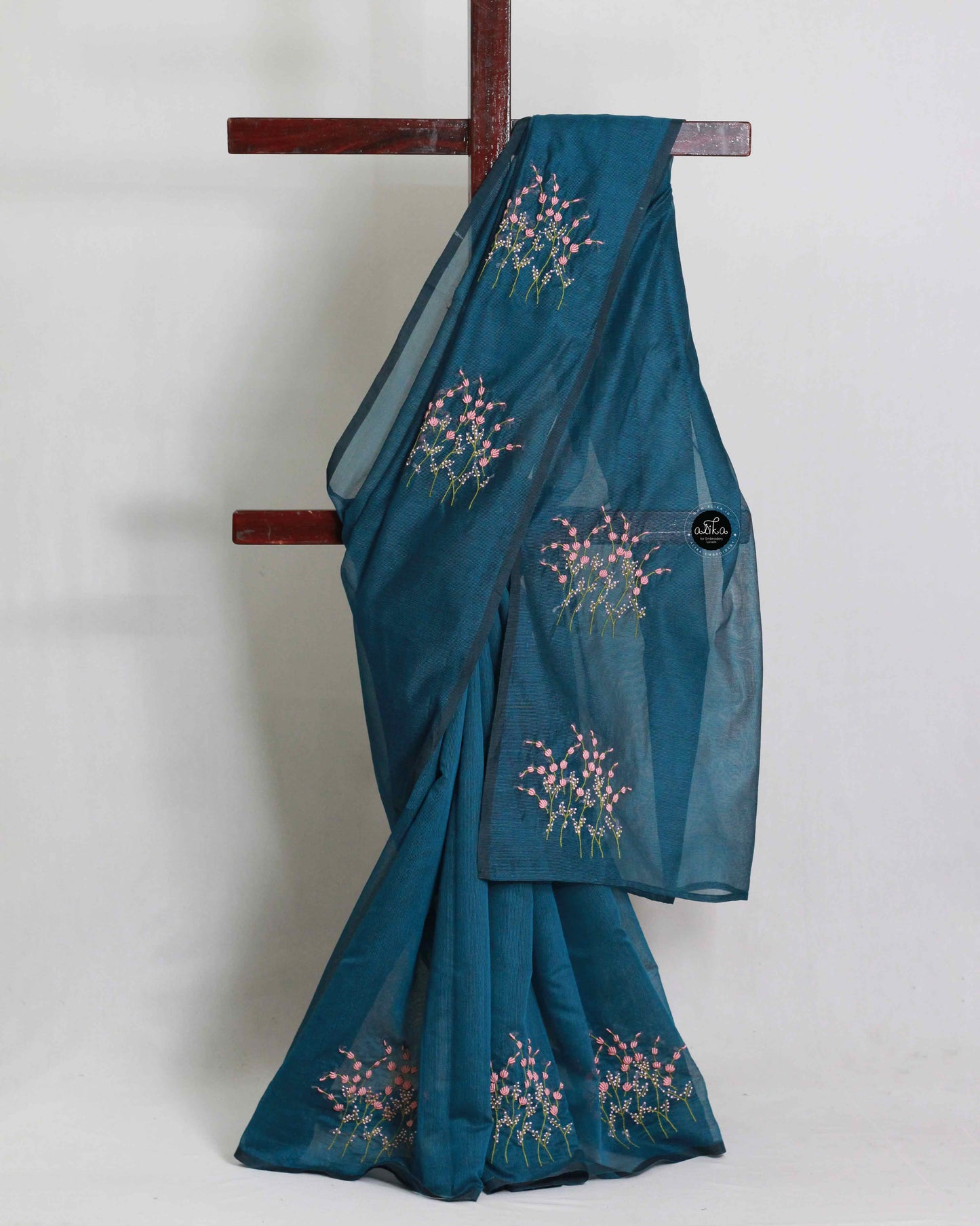 Teal Green Kota Saree with Floral Hand Embroidery