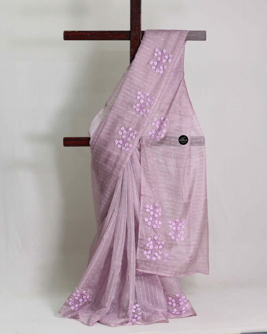 Lilac Sequinned Organza Saree with Floral Ribbon & Bead Work – Party Wear