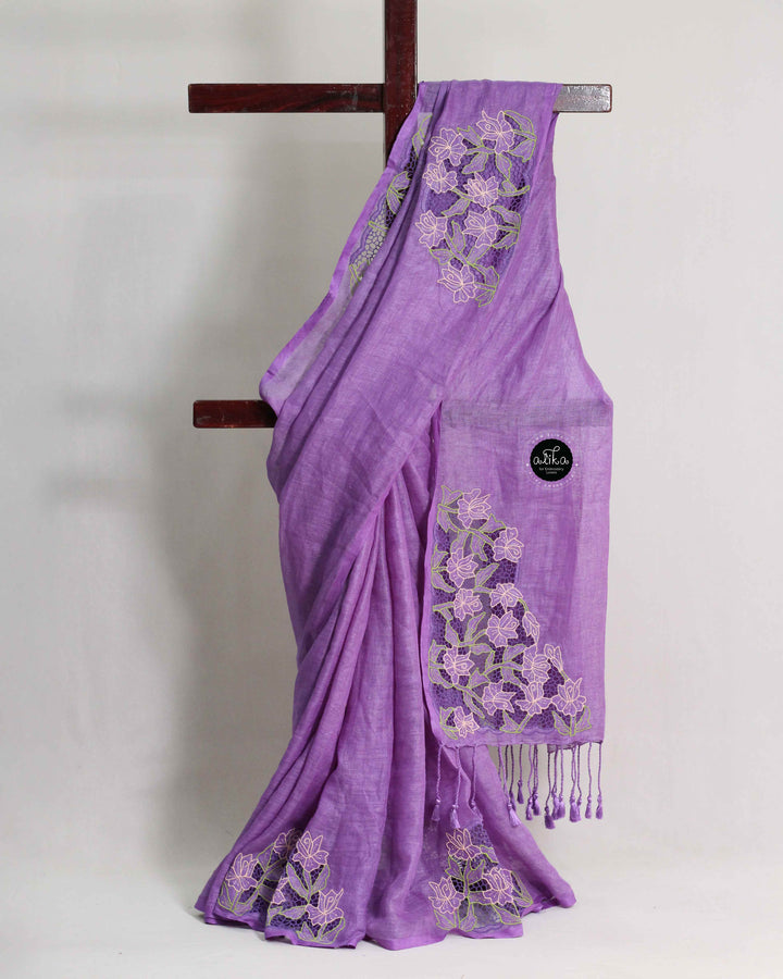 Lavender Pure Linen Saree with Floral Twine Cutwork