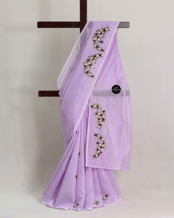 Lavender Kota Saree with Floral Hand Embroidery
