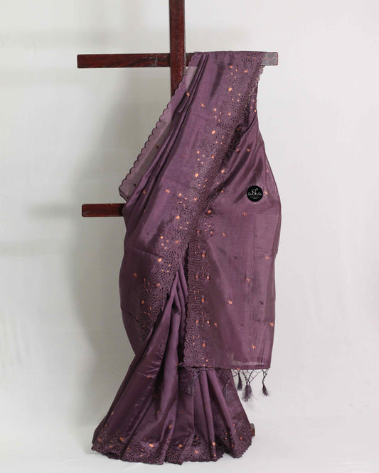 Matte Purple Semi Silk Saree with Floral Cutwork Border