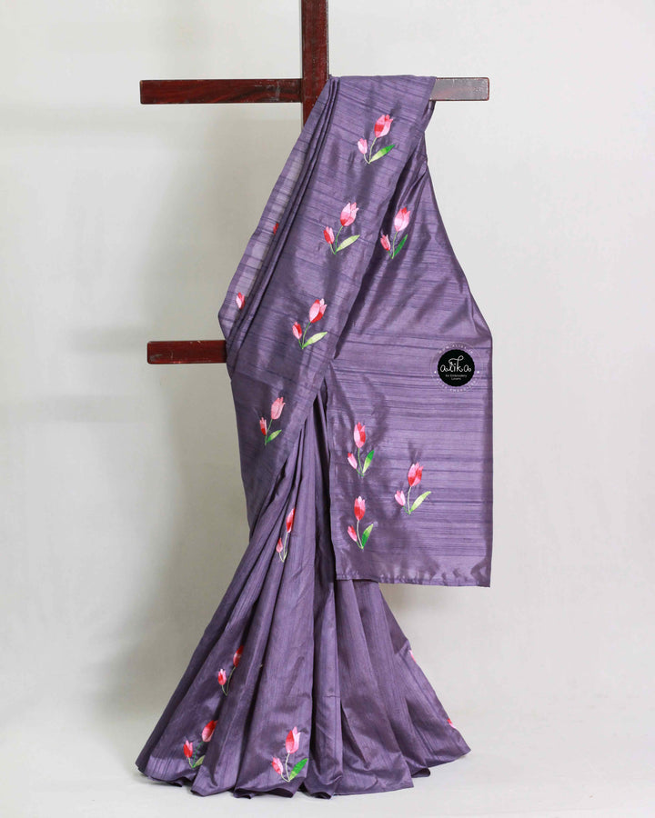 Blue Lilac Semi Silk Saree with Hand Embroidery