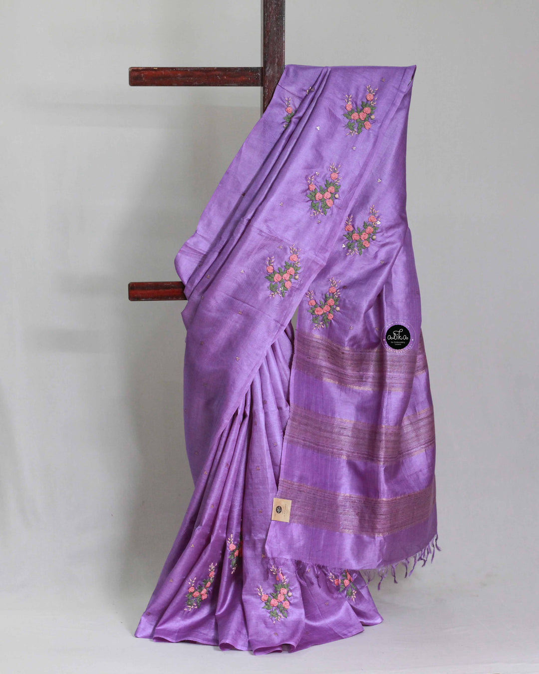 Violet Tussar Silk Saree with Floral Hand Embroidery