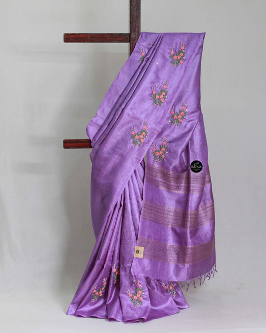 Violet Tussar Silk Saree with Floral Hand Embroidery