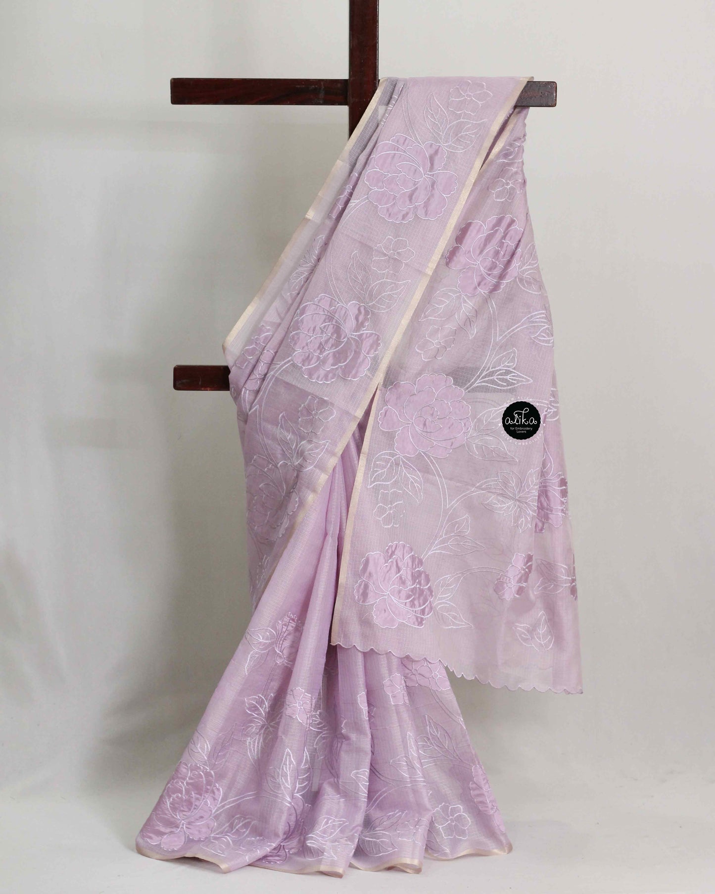 Lavender Silky kota Saree with Floral Appliqué – Luxury Designer Wear