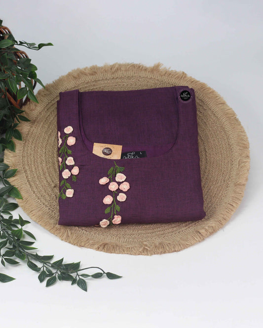 Elegant Dark Purple Semi-Linen Stitched Kurta with Hand Embroidered Floral Details