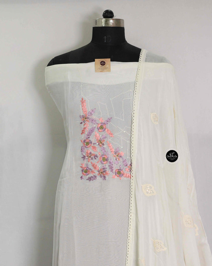 Cream Organza Salwar Set with Floral Embroidery and Sequin Work